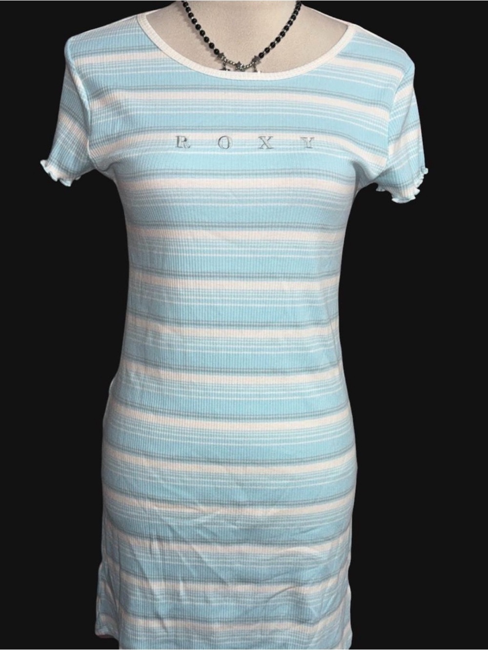 Roxy Light Blue and White Striped Ribbed T-Shirt Dress